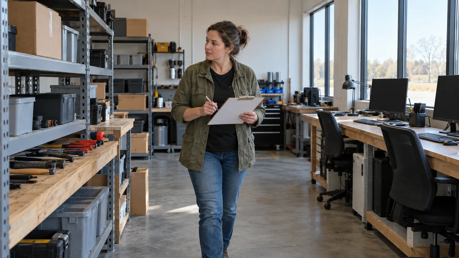 An office manager walks through a small shop with a clipboard counting shelving, tools and computers