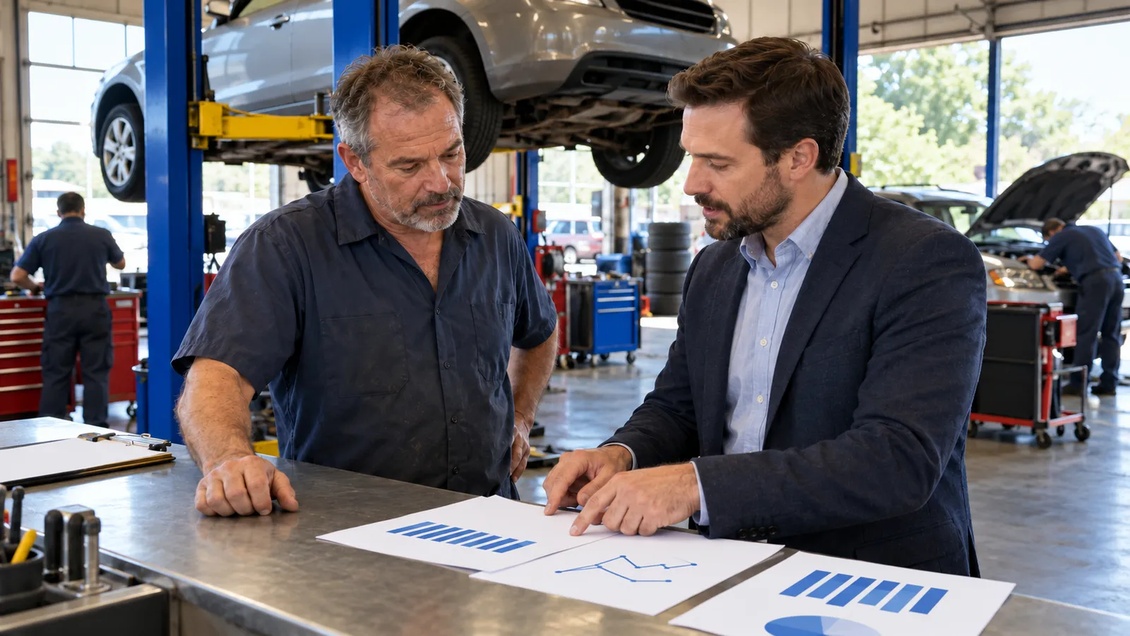 A broker and an auto repair shop owner talk over printed sales figures at the counter of a busy garage with a car on a lift behind them