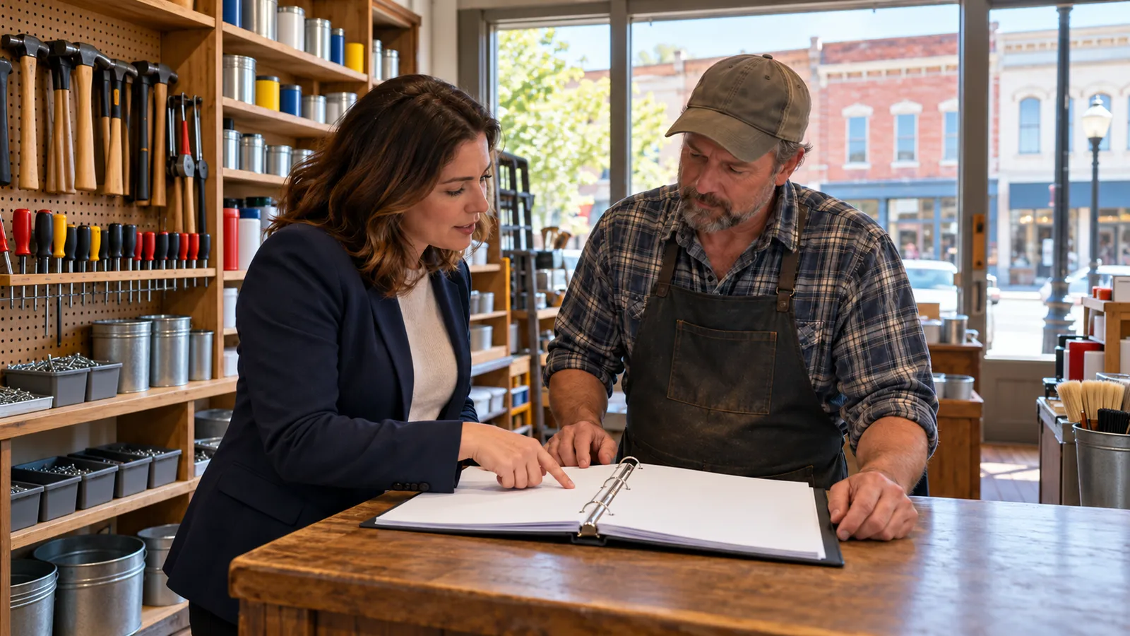 A broker and a hardware store owner review a binder at the counter of a small shop on a brick main street